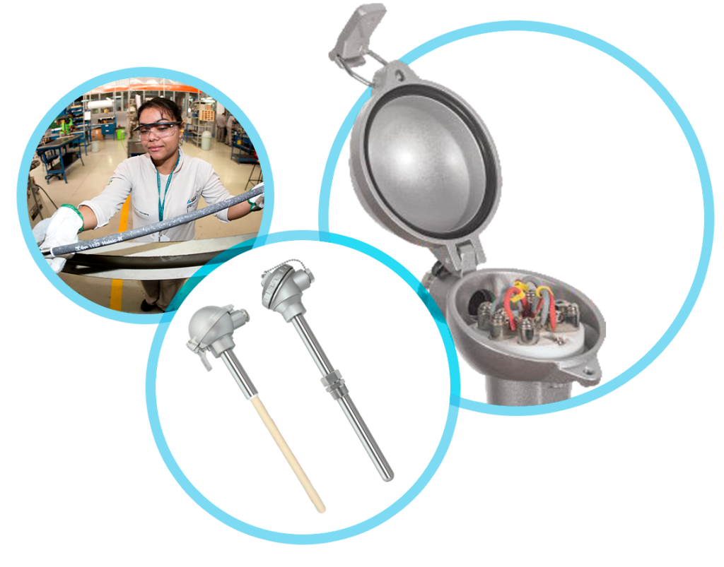 Imagem com três destaques sobre termopares tipo N, mostrando ele todo, close dele aberto e uma pessoa manuseando o termopar.